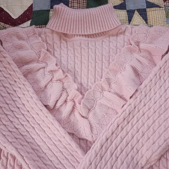 Size M Sugar Thrills Pink Ruffle Turtleneck Sweater - Picture 1 of 10